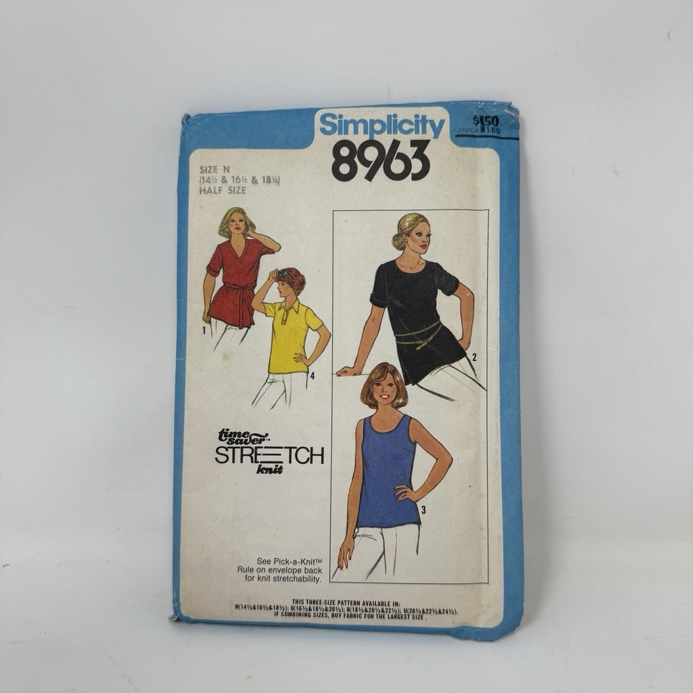 Pullover Tops Simplicity 8963 Half-Size Pattern Size 14 1/2 To 18 1/2 Bust 37-41